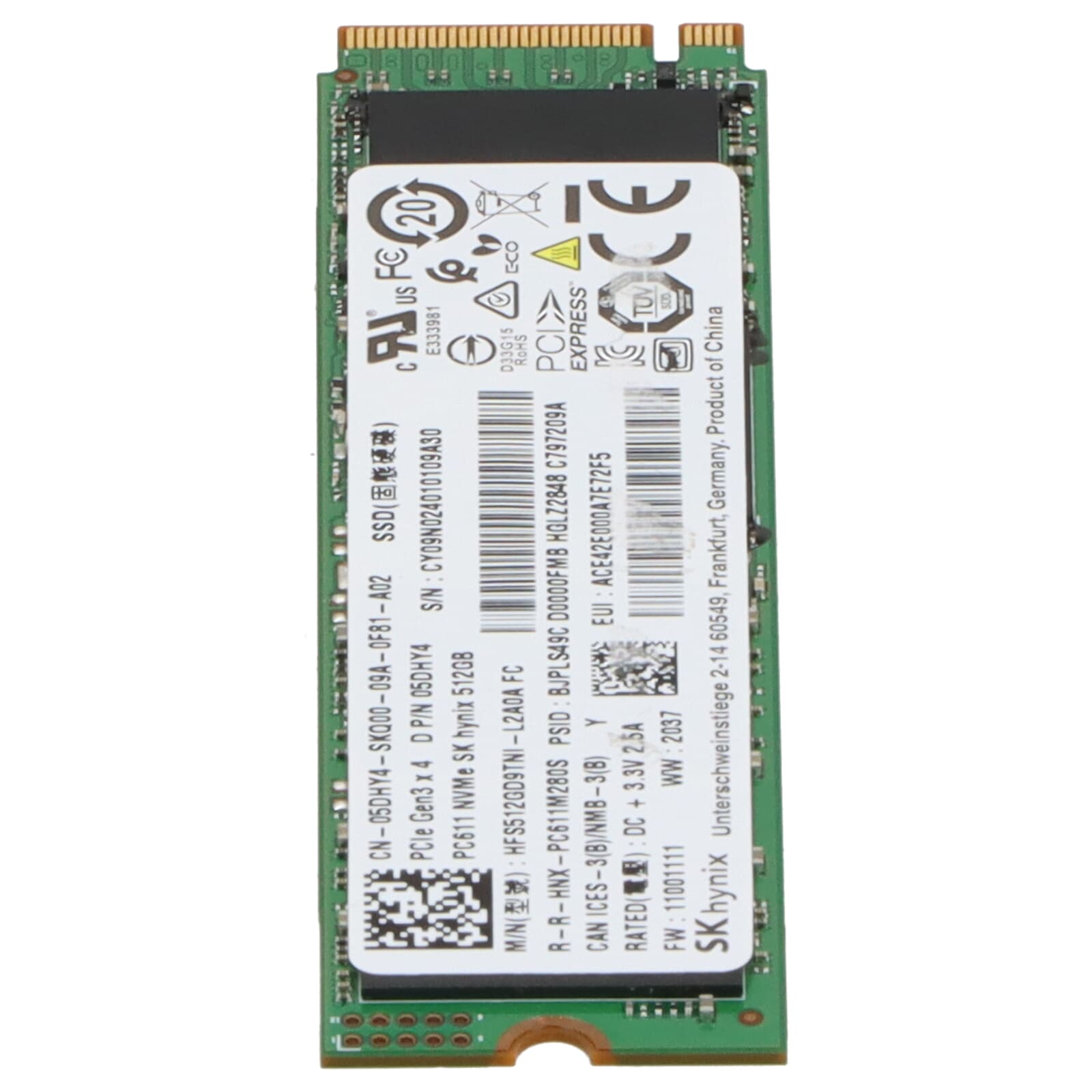 Dell PC611 512GB M 2 2280 PCIe 3 0 X4 NVMe SSD 5DHY4 HFS512GD9TNI L2A0A
